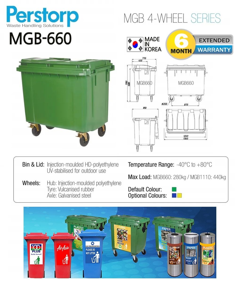 660 Liter Plastic Garbage Bin 4 Universal Wheels Plastic