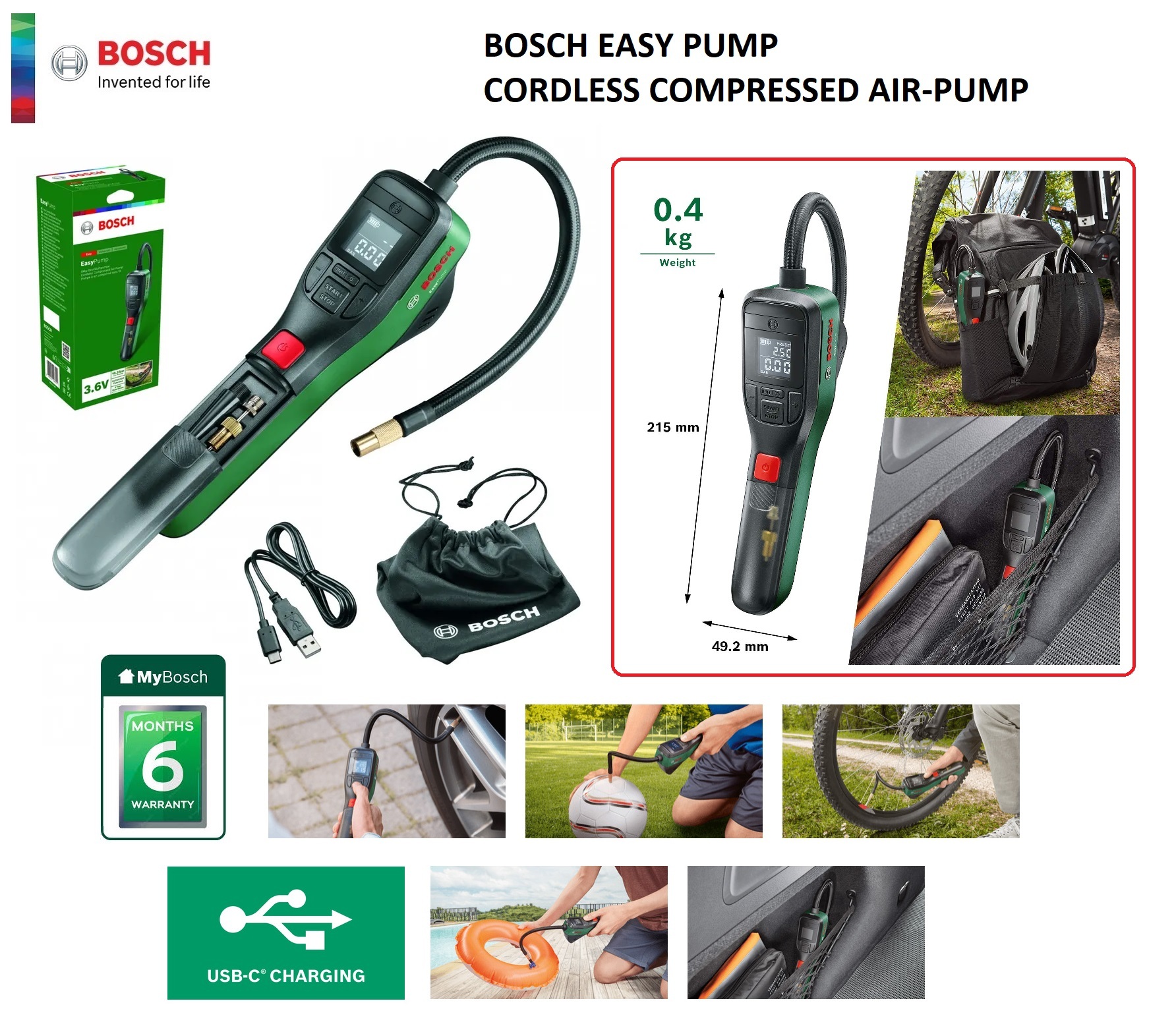 Bosch EasyPump Cordless Portable Air Pump for Bicycle Motorcycle Tires  Balls Swim Ring Mini Air Compressor for Car Tyre Inflator