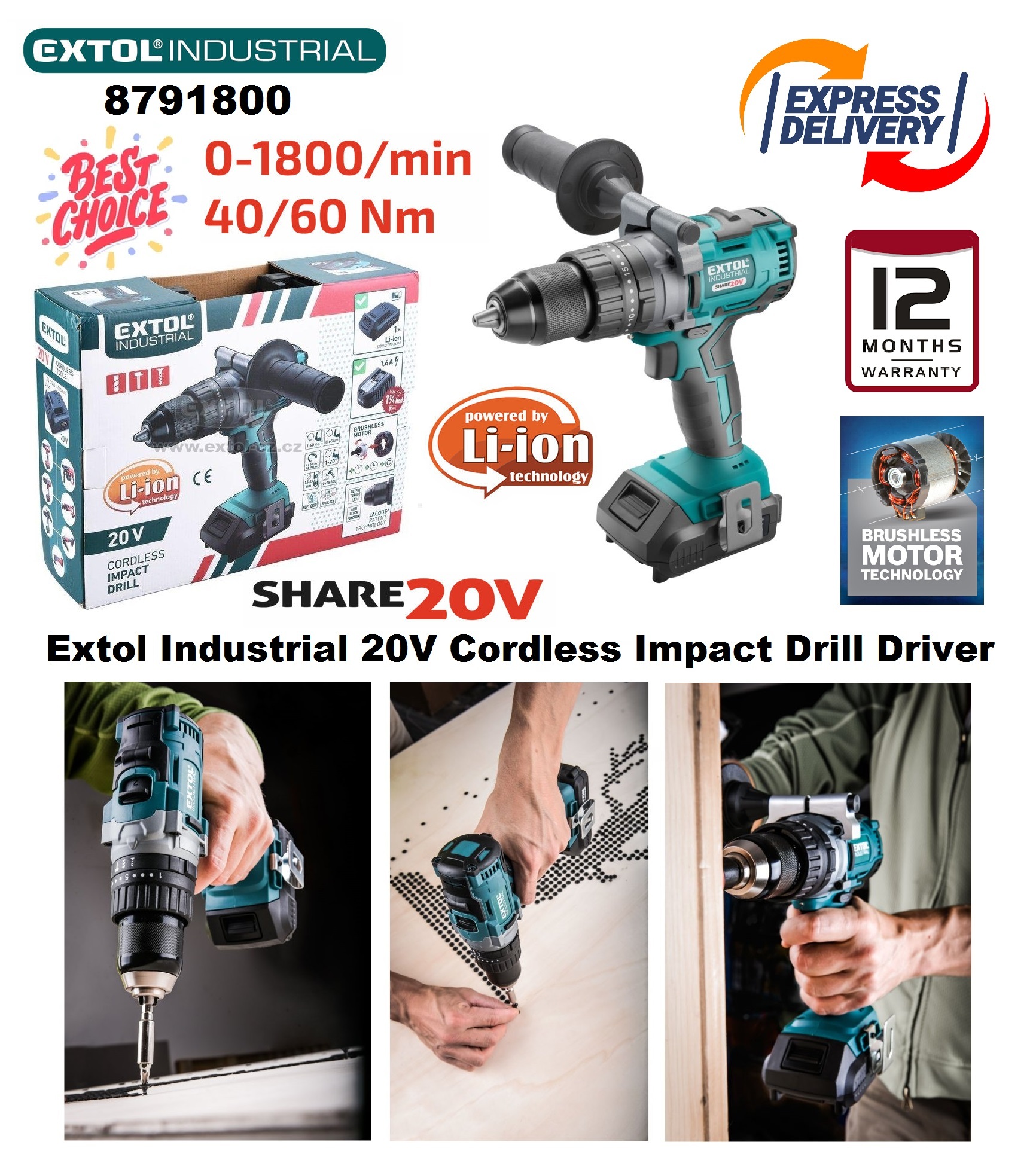 Extol Industrial 20V 1/2-inch/13mm Metal-Chuck Brushless Hammer