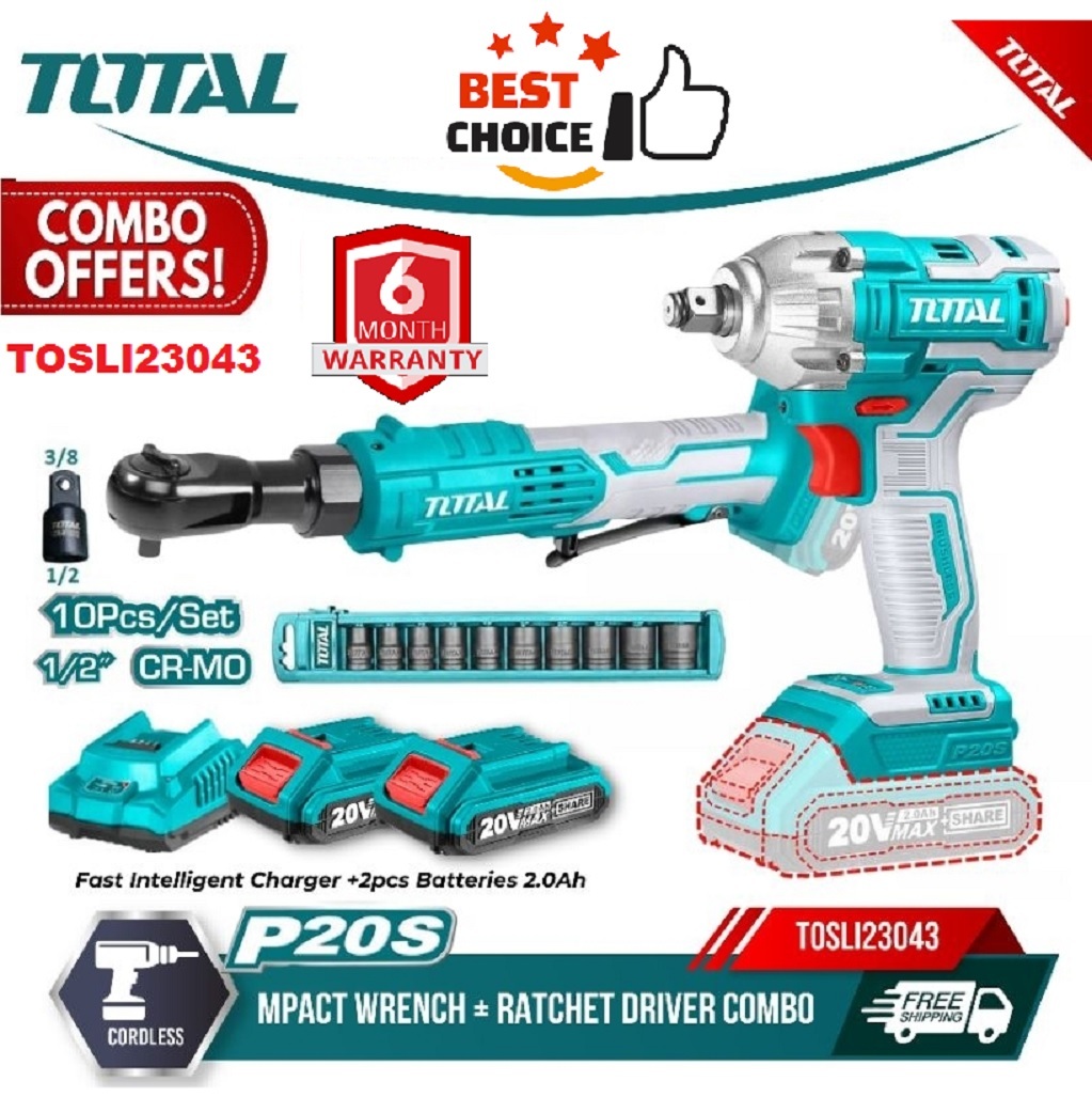 Total TOSLI23043 Cordless Drive Ratchet & Impact Wrench Combo Set