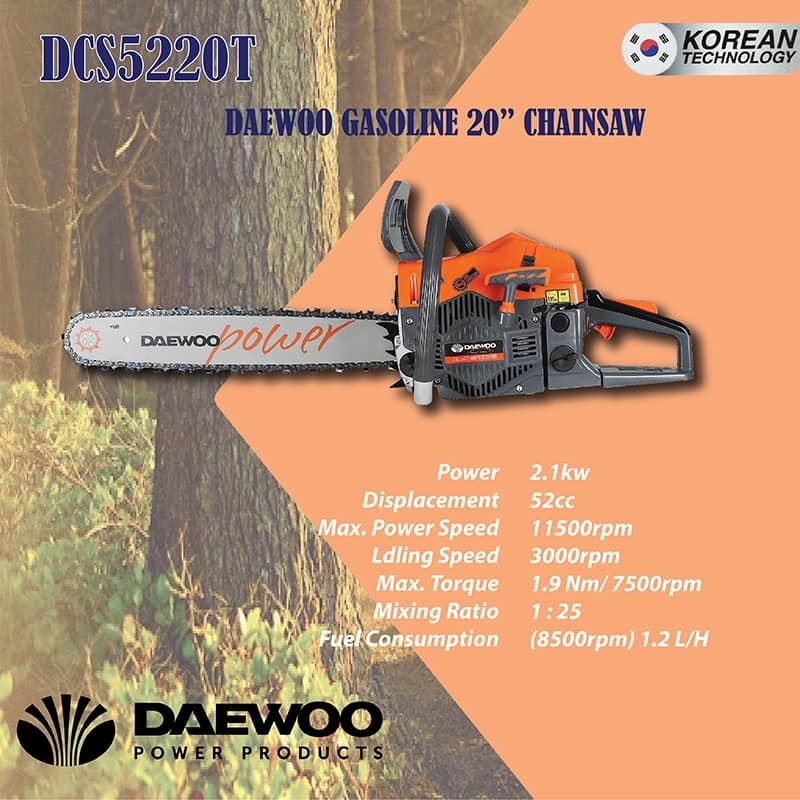 Daewoo DCS 52cc 2-Stroke 20-inch Gasoline Chainsaw – MY Power Tools
