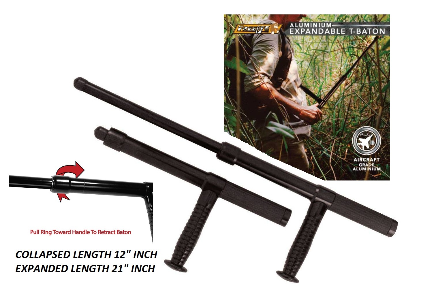 その他 Aluminium expandable baton / tonfa 21-inch Black Collapsible Baton with Removable Side Handle
