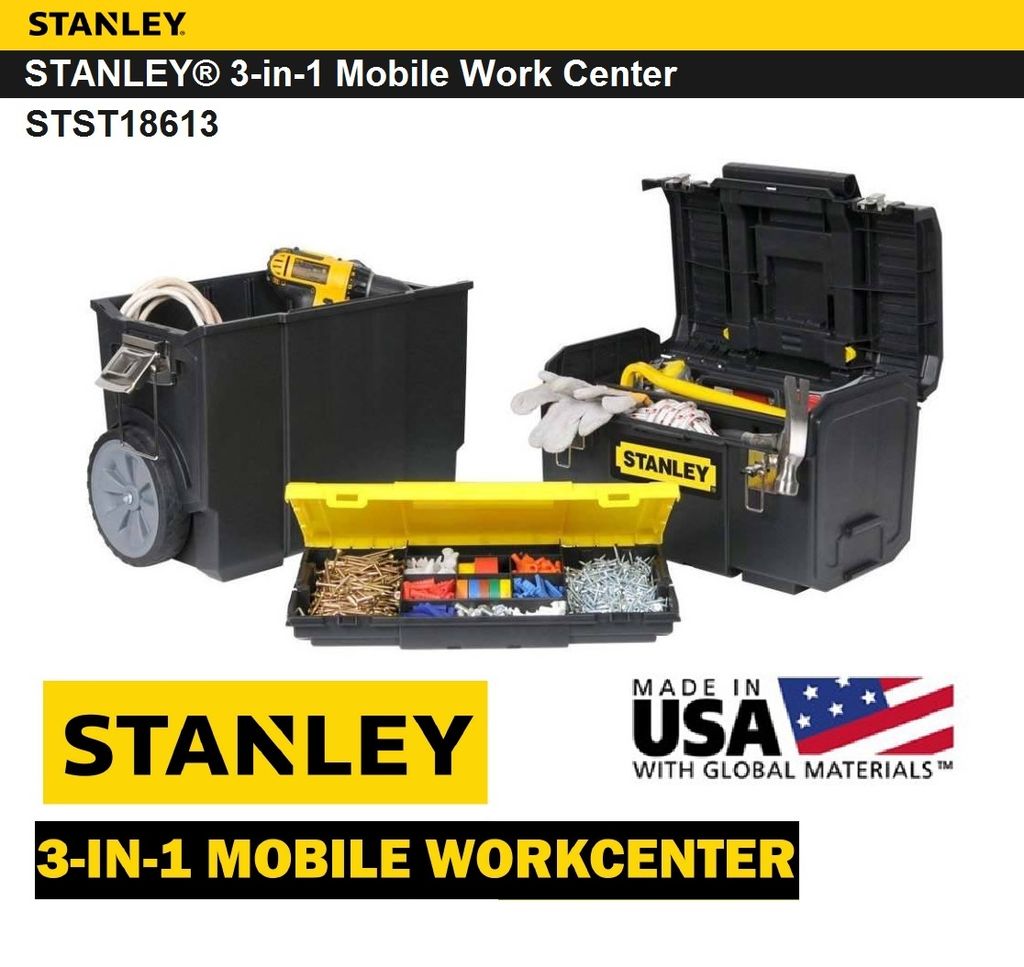 Stanley 3-in-1 Mobile Work Center Portable Storage Box with Stanley 3-in-1 Mobile Work Center Portable Storage Box with