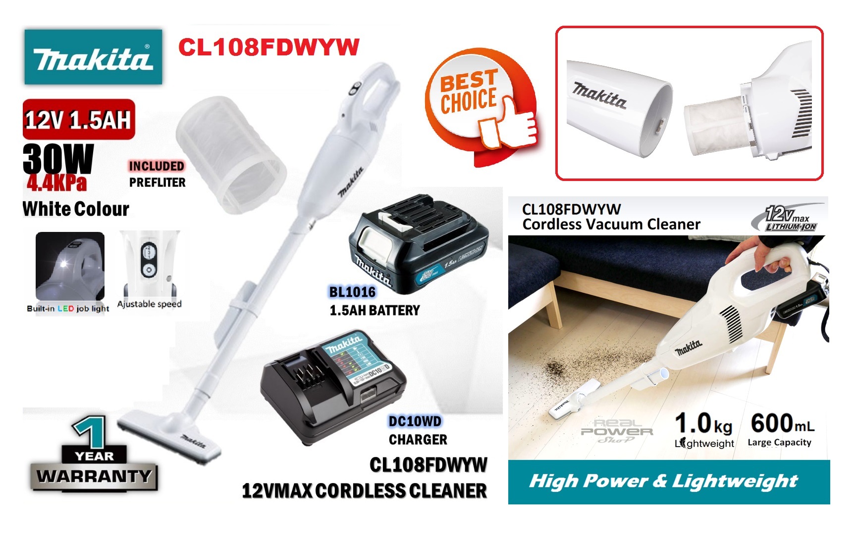 Makita 12V Max 30W 600ml Cordless Vacuum Cleaner CL108FDWYW – MY