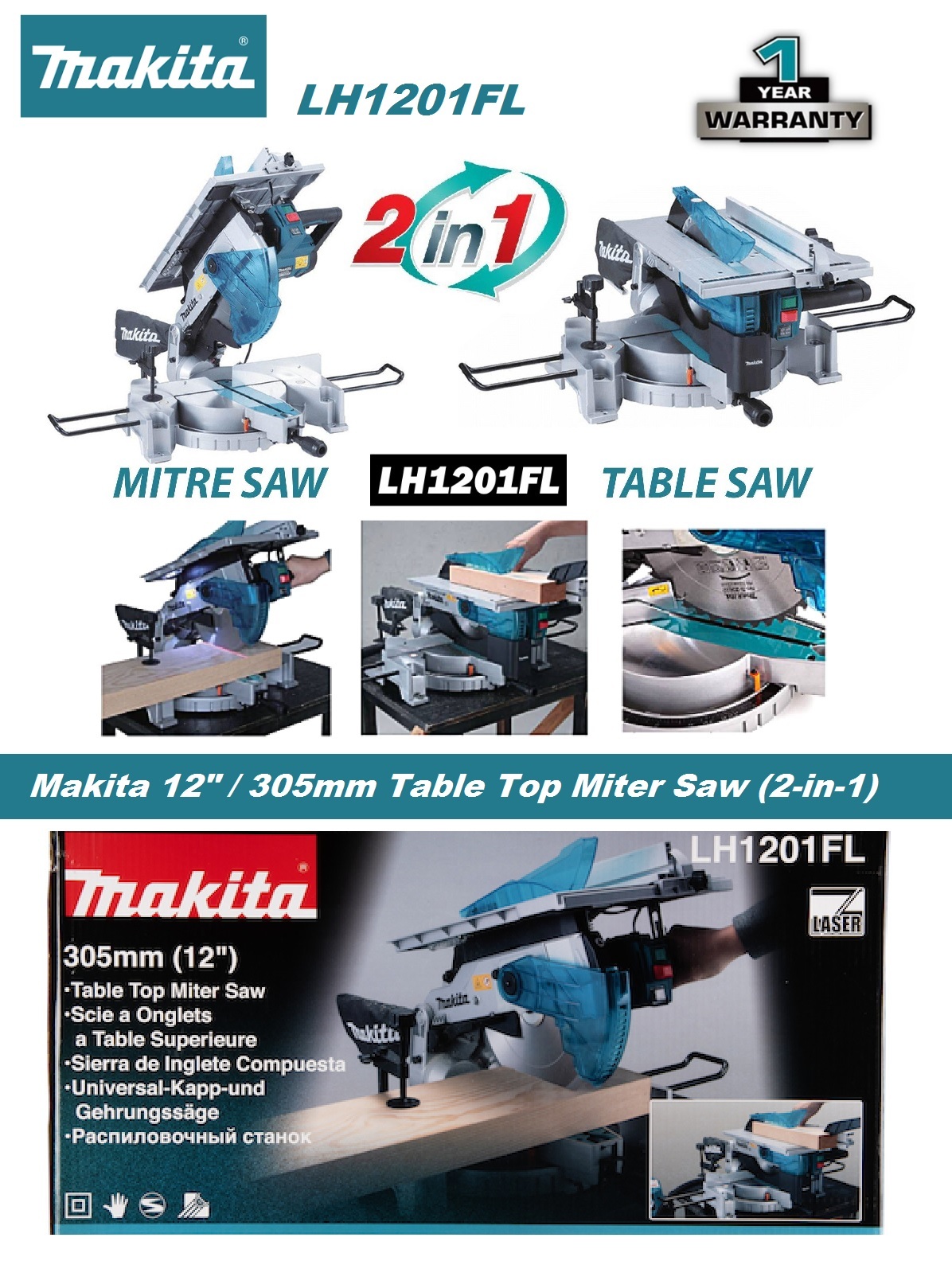 Makita 305mm/12-in Table Top Mitre Saw c/w Job Light and Laser