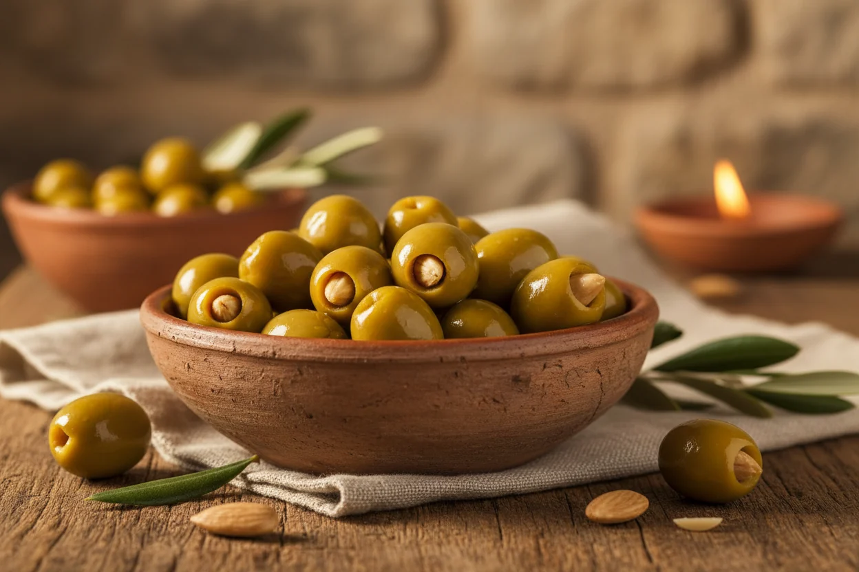 des-olives-vertes-d-noyaut-es-avec-une-belle-amande-blonde-lint-rieur-elles-sont-luisantes-dans-leur-coupelle-en-argile-ambiance-rustique-lumi-re-jaune