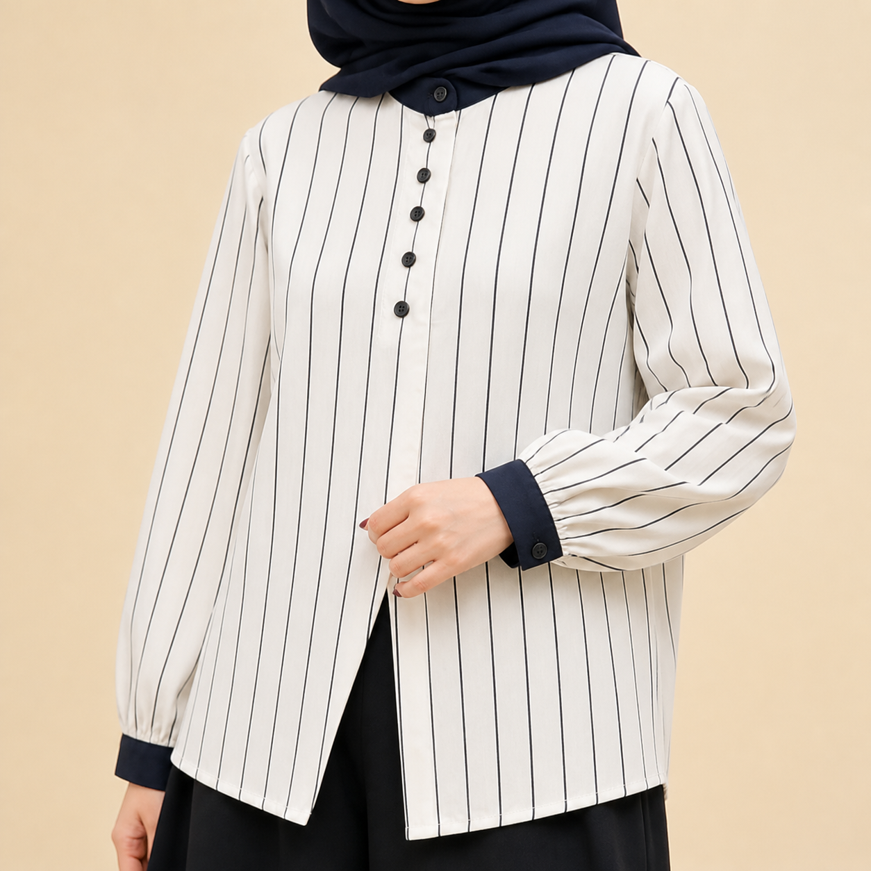 Maya Contrast Stripe Blouse neckline and sleeve details