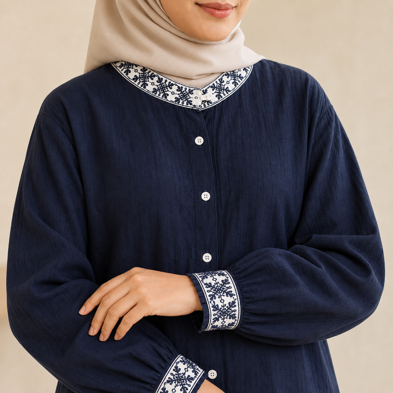 Noor Embroidered-Cuff Blouse neckline and sleeve details