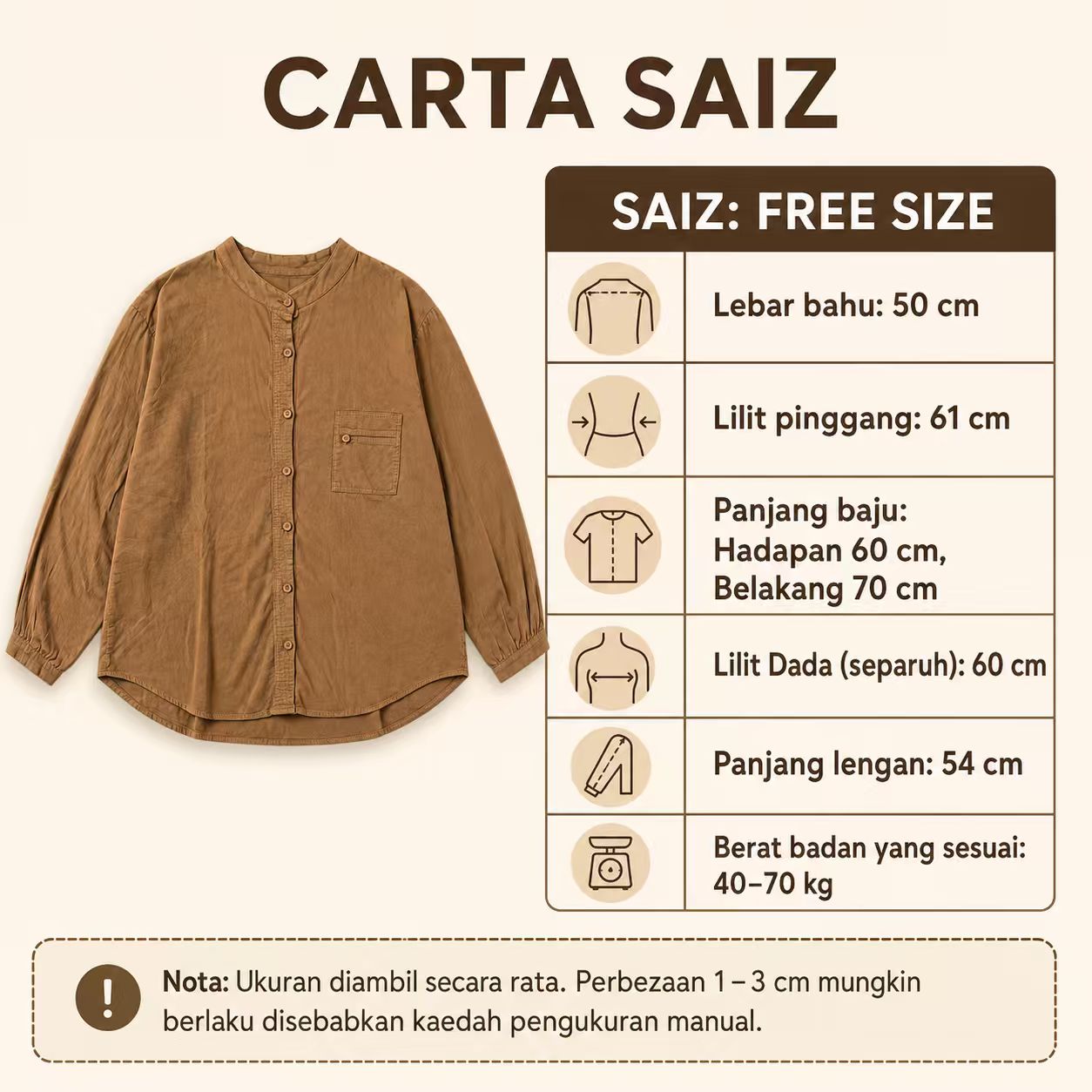 Amira Relaxed Utility Blouse measurement chart