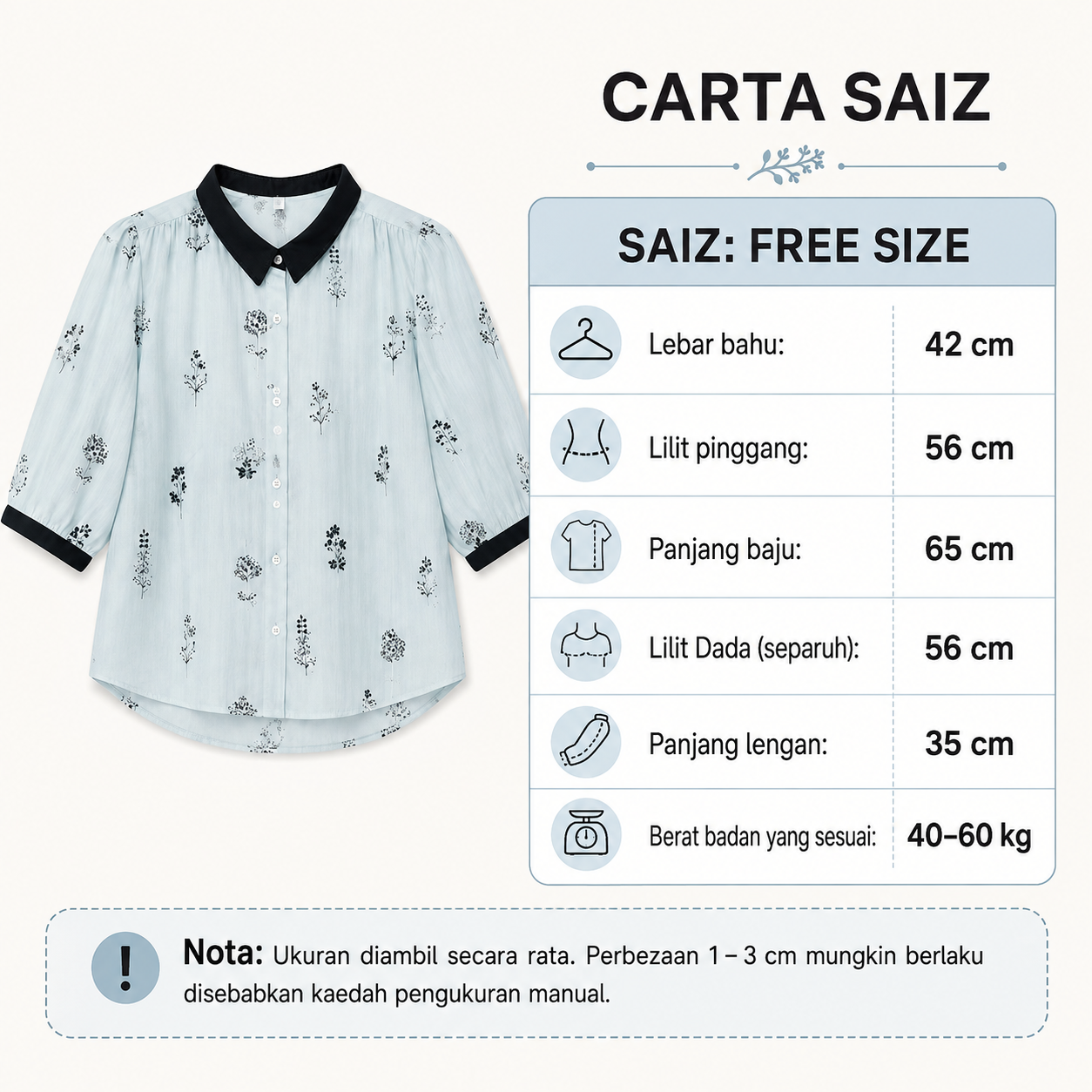 Yasmin Botanical Blouse measurement chart
