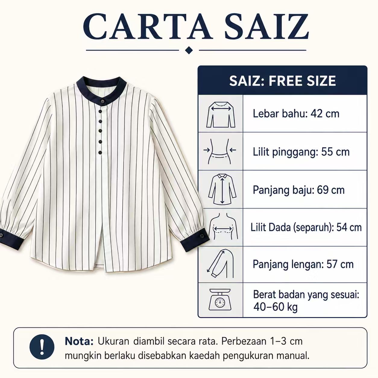 Maya Contrast Stripe Blouse measurement chart