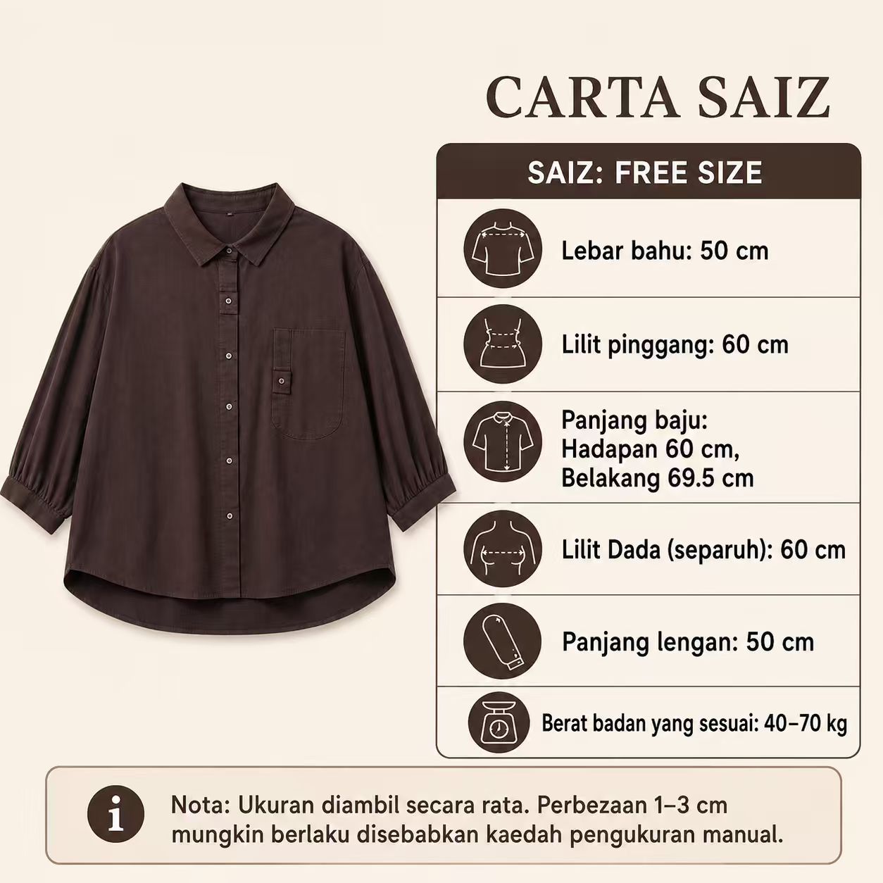Raya Relaxed Collar Shirt measurement chart
