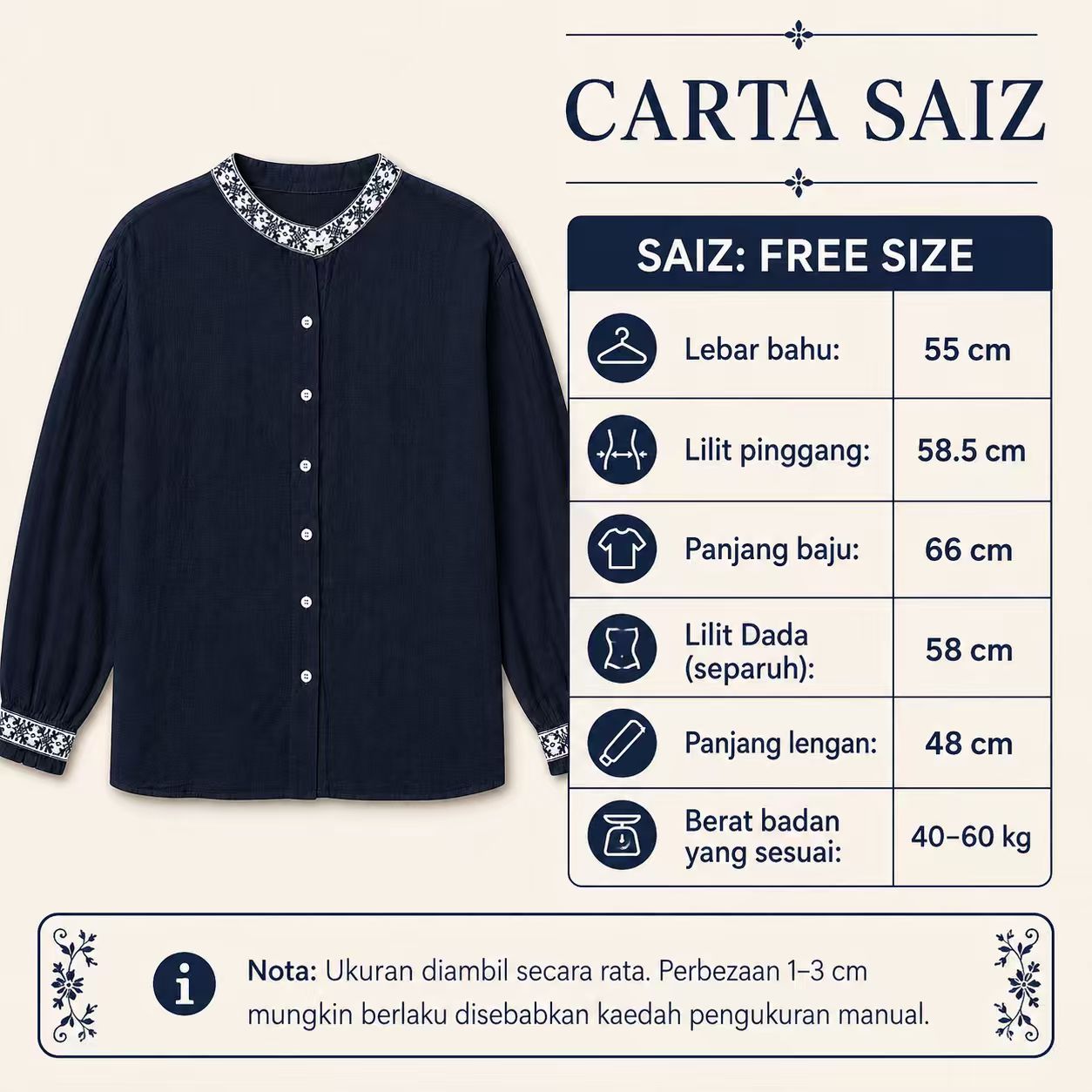 Noor Embroidered-Cuff Blouse measurement chart