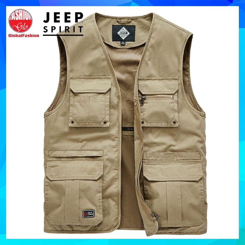 JEEP SPIRIT Vest Men Baju Jaket Lelaki Lengan Pendek Multiple Pockets Fishing Vest Summer Jaket Memancing Global Fashion