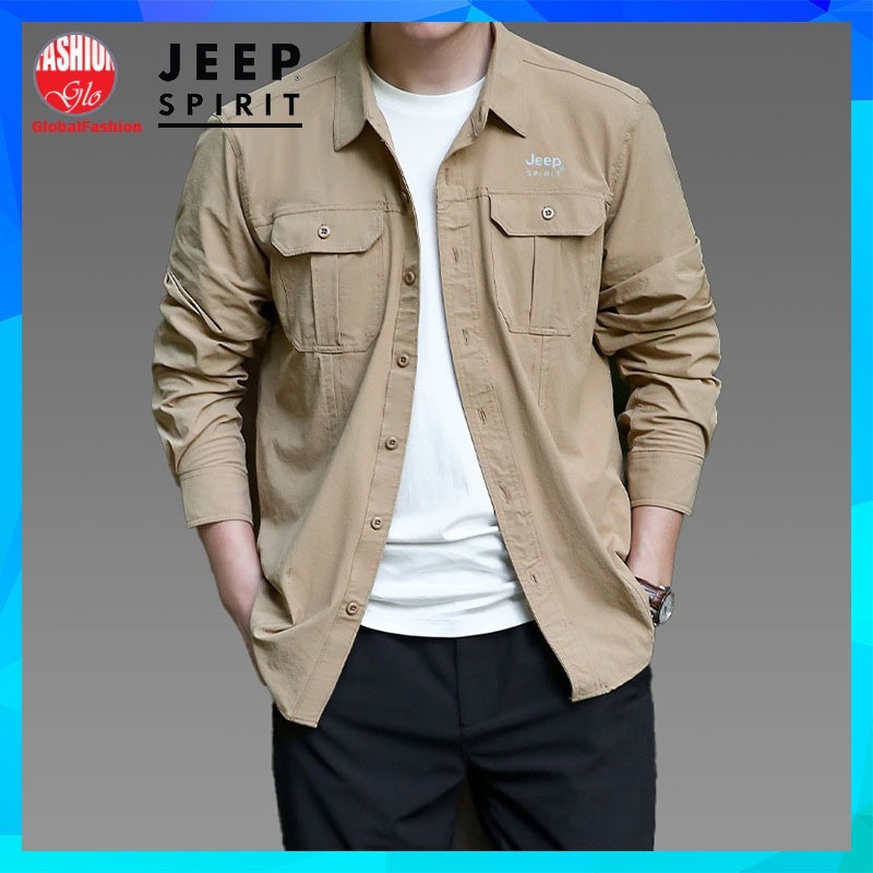 JEEP SPIRIT Short Sleeve Cargo Shirt Men Baju Kargo Kemeja Lelaki Lengan Panjang With Pockets 工裝襯衫男