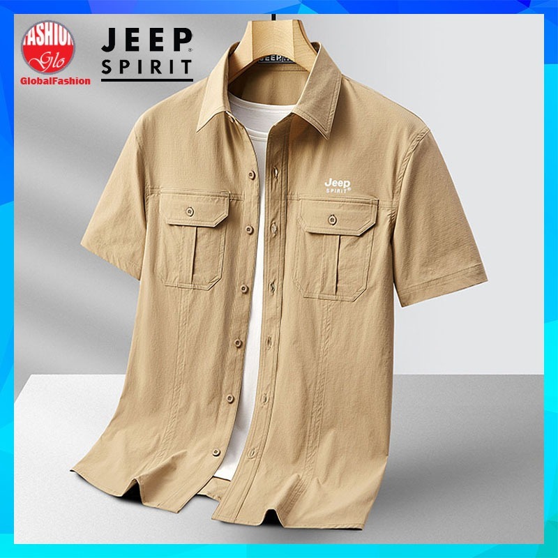 JEEP SPIRIT Short Sleeve Cargo Shirt Men Baju Kargo Kemeja Lelaki Lengan Pendek With Pockets 工裝襯衫男