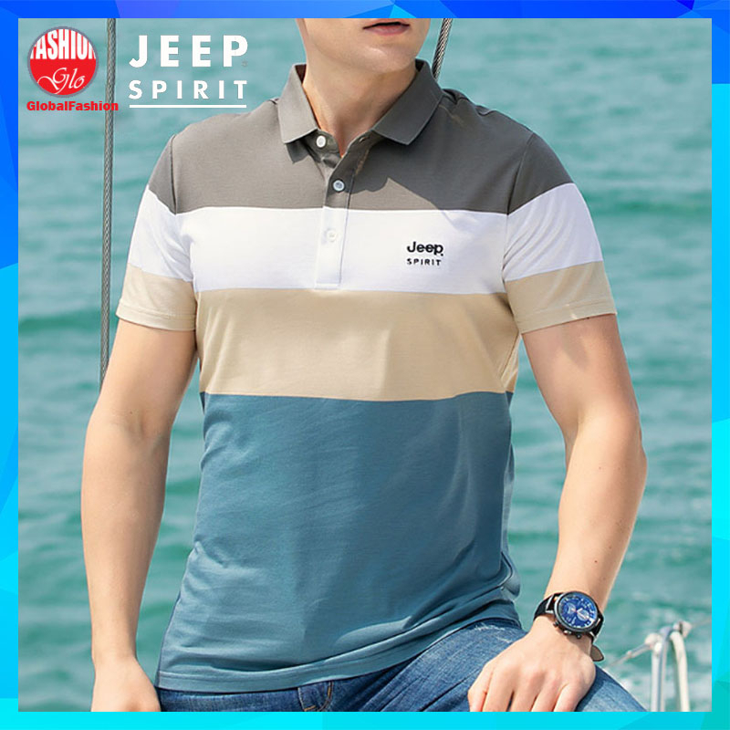 JEEP SPIRIT Short Sleeve Polo Shirt Men Baju Berkolar Lelaki Lengan Pendek Summer Turn Down Collar Tshirt Belang M 4XL