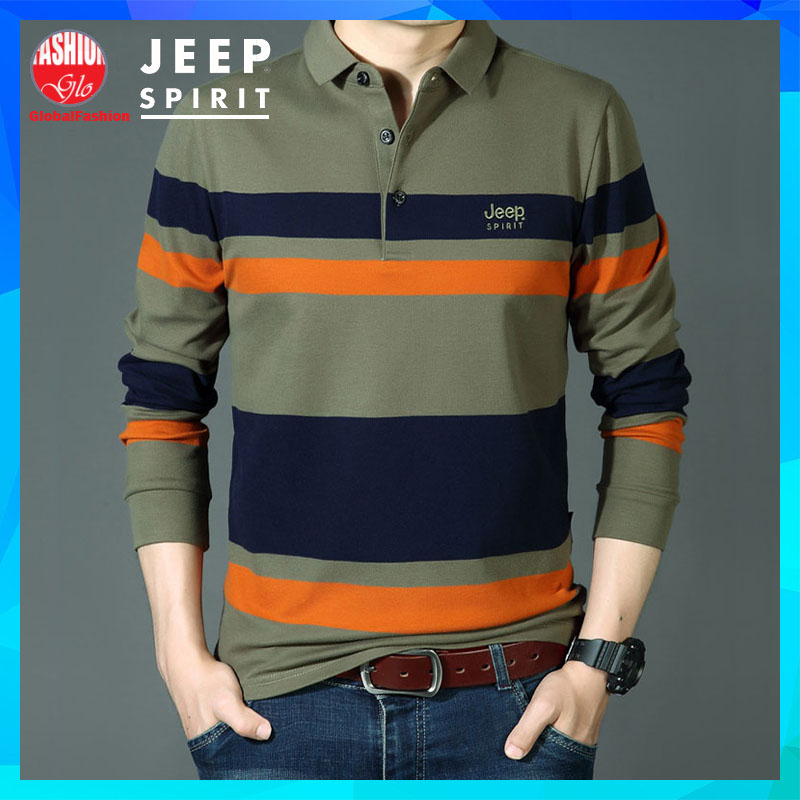 JEEP SPIRIT Polo Shirt Men Baju T Shirt Lelaki Lengan Panjang Long Sleeve Stripe Tshirt Belang Global Fashion M L XL 4XL