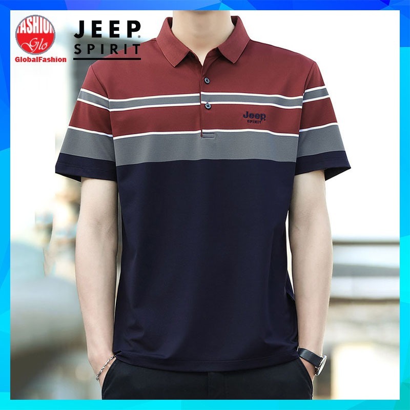 JEEP SPIRIT Polo Shirt Men Baju Lelaki Berkolar Tshirt Belang Lengan Pendek Cotton Jeep Stripe T Shirt Man