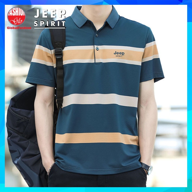 JEEP SPIRIT Polo Shirt Men Baju Lelaki Berkolar T Shirt Belang Cotton Short Sleeve Stripe Tshirt