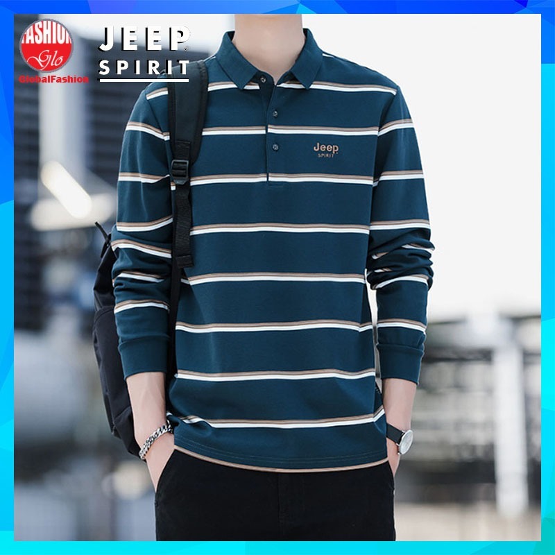 JEEP SPIRIT Polo Shirt Men Baju T Shirt Lelaki Lengan Panjang Berkolar Long Sleeve Stripe Tshirt Belang