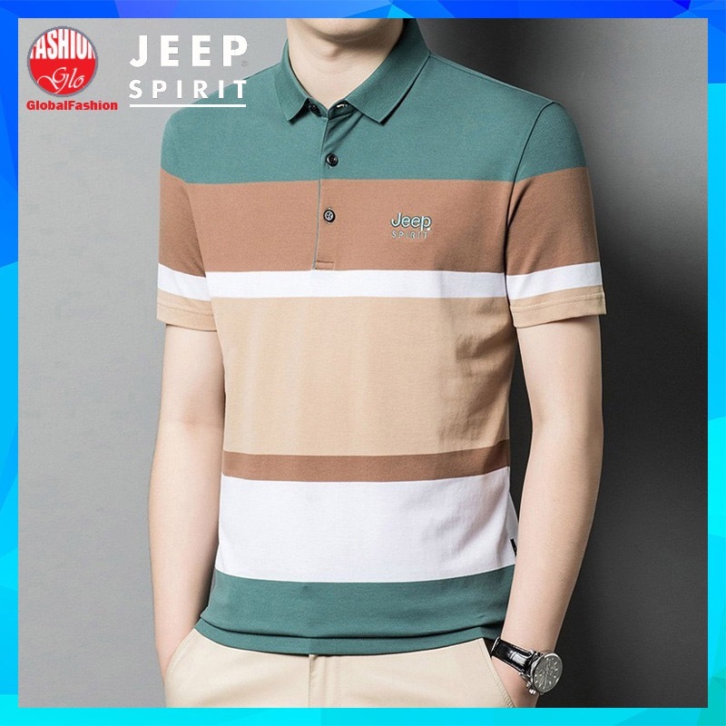 JEEP SPIRIT Polo Shirt Men Baju T Shirt Lelaki Berkolar Belang Short Sleeve Stripe Polo Tee 條紋 t恤男
