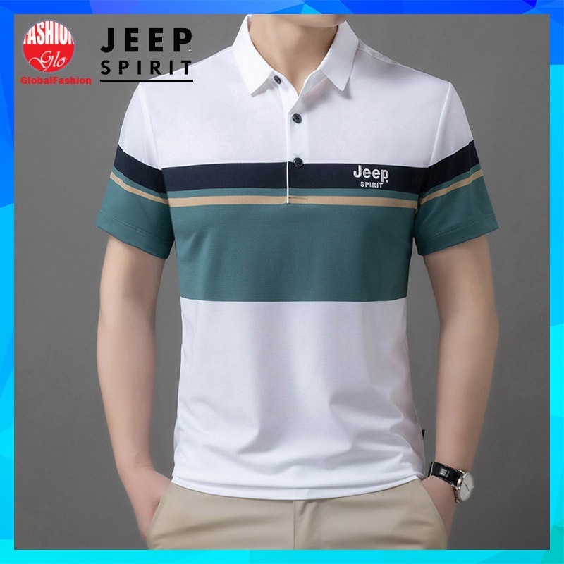 JEEP SPIRIT Polo Shirt Men Baju T Shirt Lelaki Berkolar Belang Short Sleeve Stripe Polo Tee 條紋 t恤男