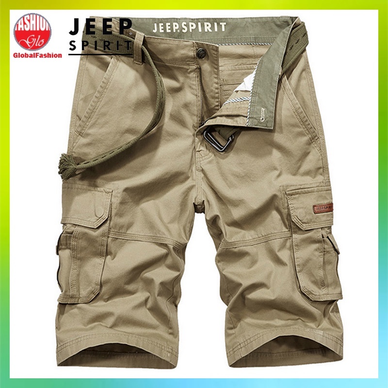 JEEP SPIRIT Men Short Pants Seluar Pendek Lelaki Multi Pockets Cargo Shorts Knee Length Straight Cut Cotton Track Pants