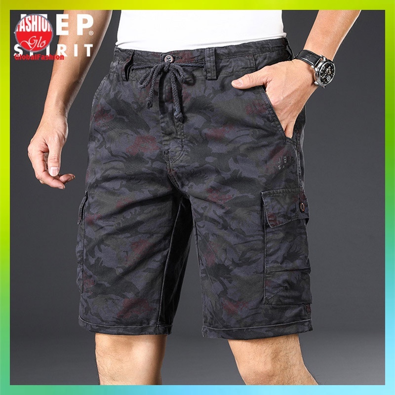 JEEP SPIRIT Men Multiple Pockets Short Pants Seluar Kerja Pendek Lelaki Vintage Design Knee Length Camouflage Print