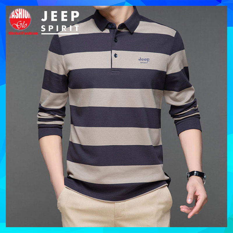 JEEP SPIRIT Polo Shirt Long Sleeve Men Baju Belang Lelaki Berkolar Lengan Panjang Turn Down Collar Stripe Tshirt M L 3XL