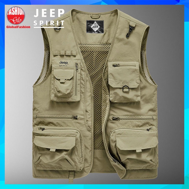 JEEP SPIRIT Vest Men Baju Jaket Lelaki Lengan Pendek Multiple Pockets Fishing Vest Plus Size Jaket Memancing Mesh Vest