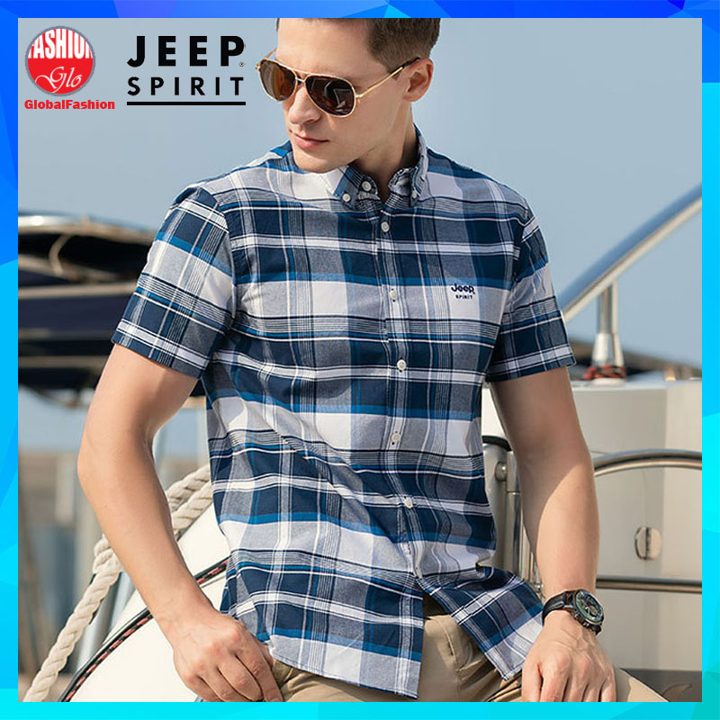 JEEP SPIRIT Short Sleeve Shirt Men Baju Kemeja Kotak Lelaki Lengan Pendek Cotton Plaid Shirt Casual Wear S M L 3XL 4XL