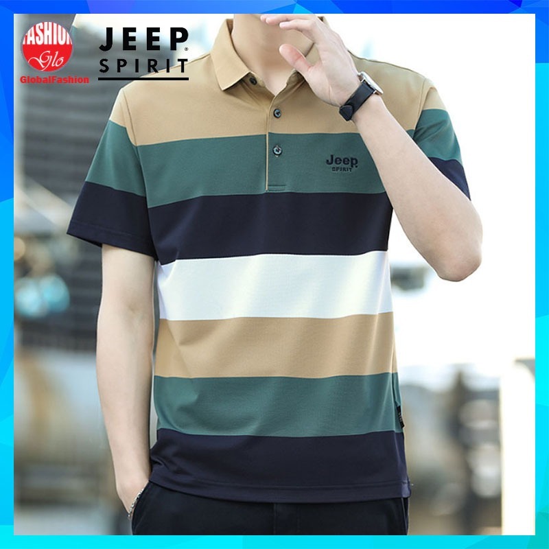 JEEP SPIRIT Polo Shirt Men Baju Lelaki Berkolar Tshirt Belang Lengan Pendek Jeep Stripe T Shirt Man