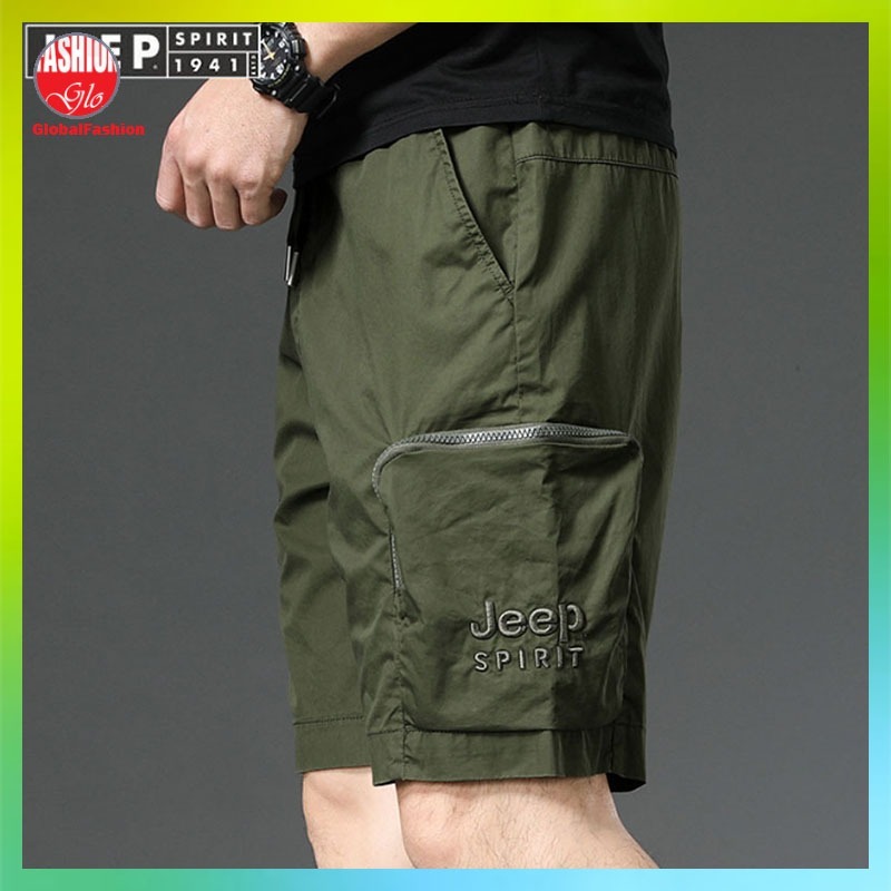 JEEP SPIRIT Cargo Pants Men Seluar Cargo Lelaki Pendek Elastic Waist Band Zipper Pocket 休闲工裝褲男
