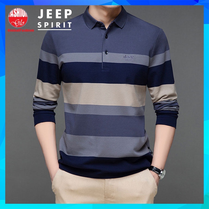 JEEP SPIRIT Polo Long Sleeve Men Tshirt Baju Lengan Panjang Lelaki Berkolar Stripe T Shirt Men Baju Polo Lelaki