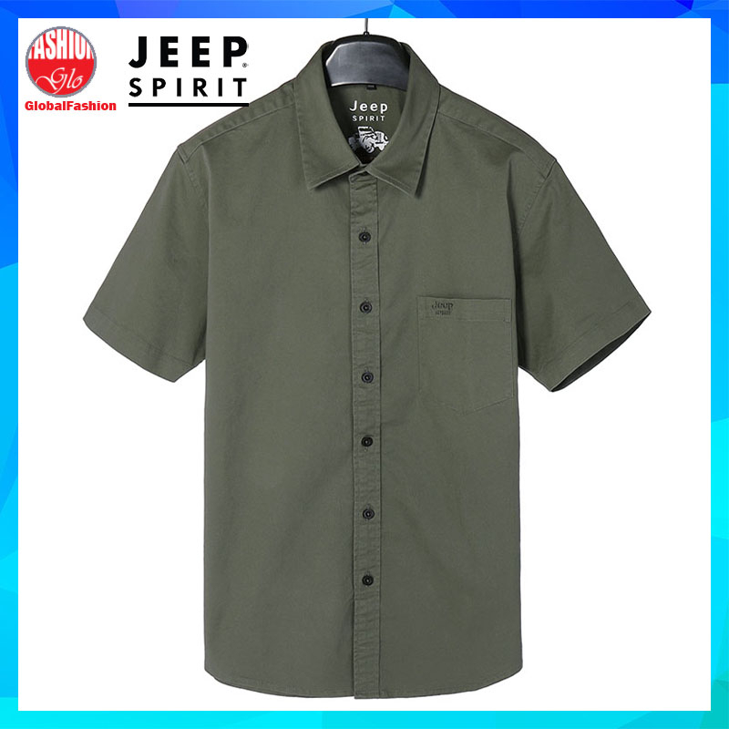 JEEP SPIRIT Short Sleeve Casual Men Shirt Baju Kemeja Lelaki Lengan Pendek Cotton Office Wear in Blue Green Global Fashion