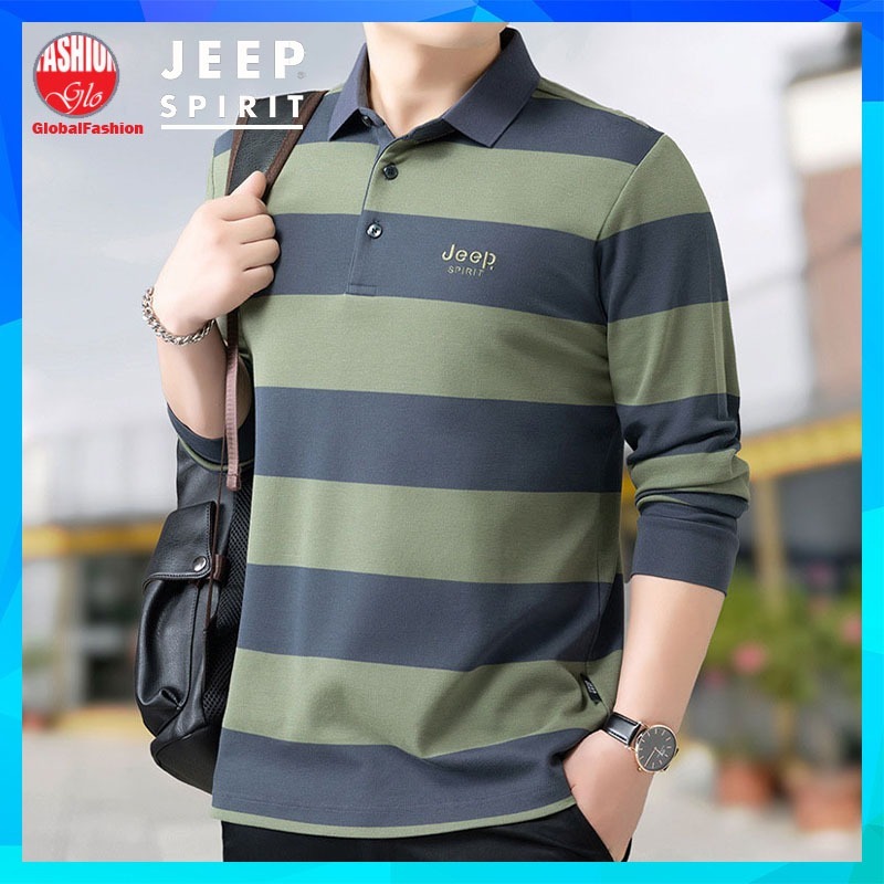 JEEP SPIRIT Long Sleeve Polo Shirt Men Baju T Shirt Lelaki Lengan Panjang Belang Stripe Cotton 條紋t恤男
