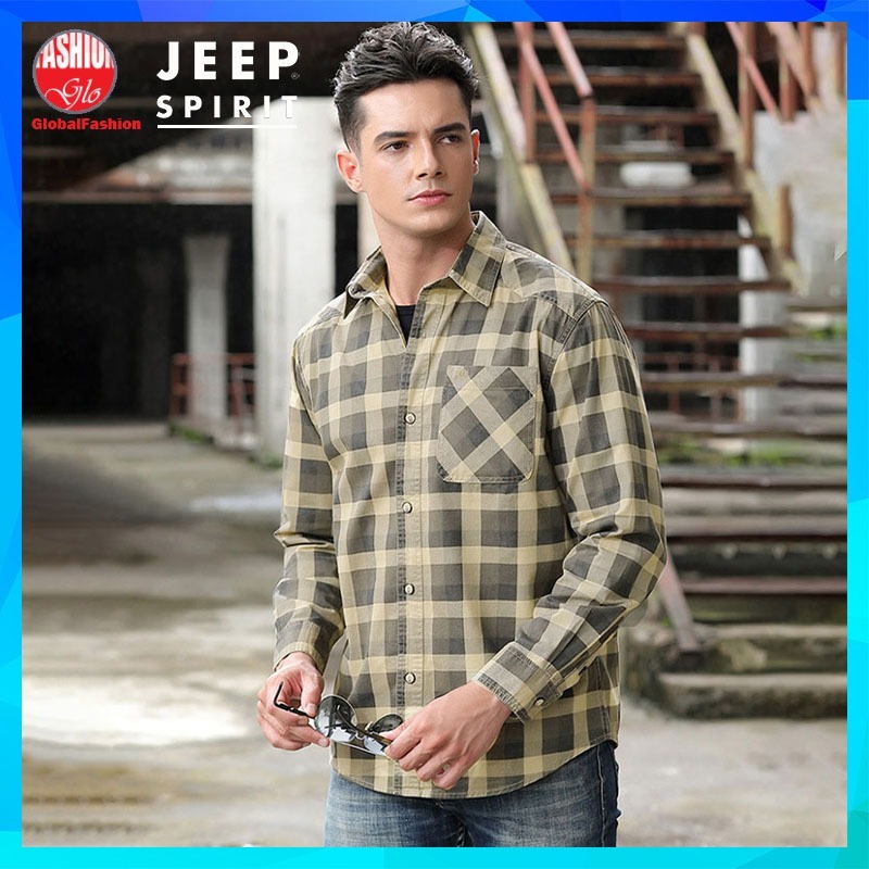JEEP SPIRIT Men Long Sleeve Plaid Shirt Baju Kemeja Kotak Lelaki Lengan Panjang Cotton Outfit 长袖襯衫男