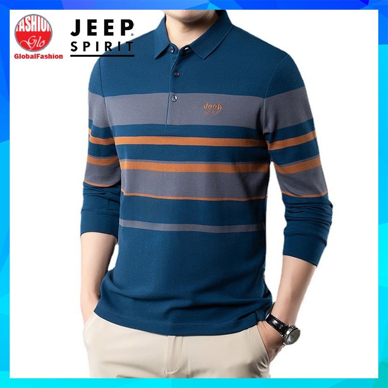 JEEP SPIRIT Long Sleeve Polo Shirt Men Baju T Shirt Lelaki Lengan Panjang Belang Stripe Cotton 條紋t恤男