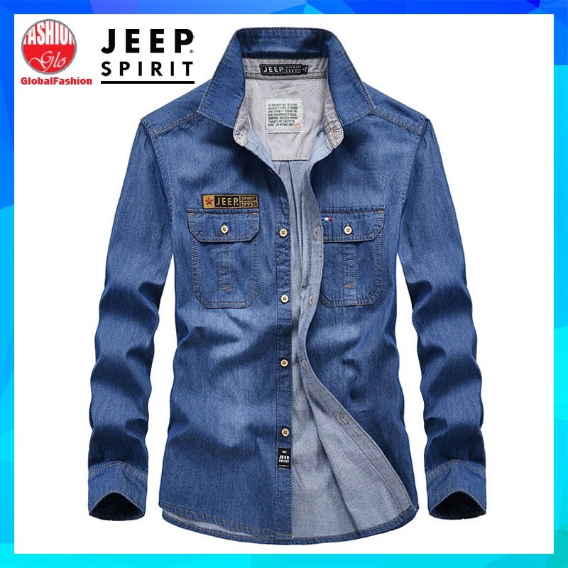 JEEP SPIRIT Men Long Sleeve Denim Shirt Baju Kemeja Jeans Lelaki Lengan Panjang Retro Shirt 长袖牛仔襯衫男