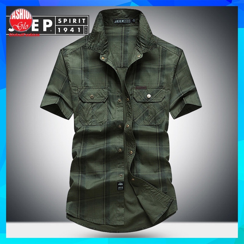 JEEP SPIRIT Men Short Sleeve Multiple Pockets Plaid Shirt Baju Kemeja Lelaki Berkotak Lengan Pendek M L 2XL 3XL 4XL 5XL