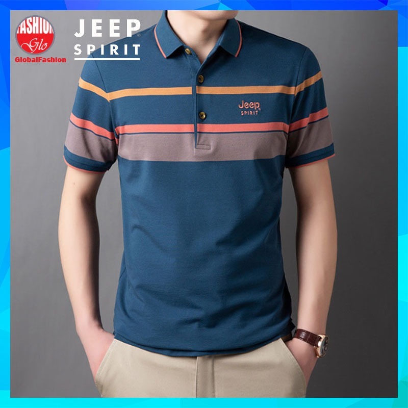 JEEP SPIRIT Polo Shirt Men Baju Lelaki Berkolar Stripe TShirt Lengan Pendek Jeep Polo T Shirt Man