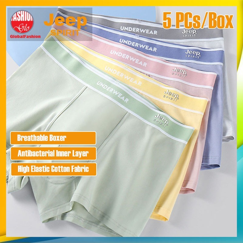 JEEP SPIRIT Men Boxer Brief Seluar Dalam Lelaki Antibacterial 40S Combed Cotton Underwear 男士平角内裤 | 5Pcs