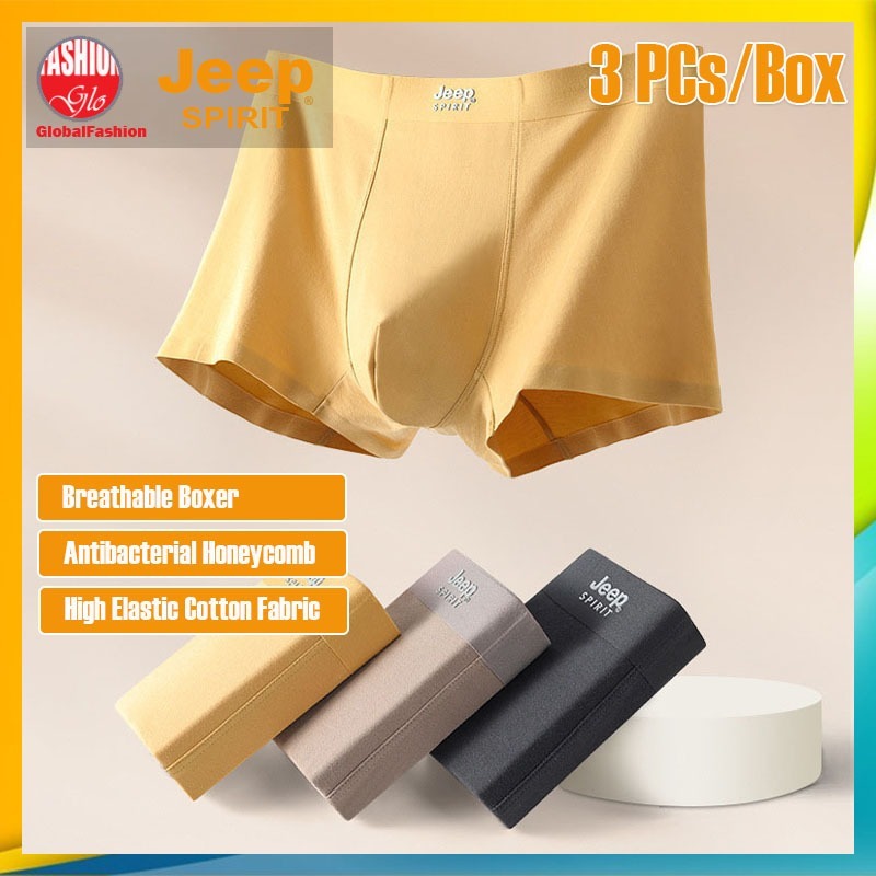 JEEP SPIRIT Men Boxer Brief Seluar Dalam Lelaki Antibacterial Premium Cotton Underwear 男士平角内裤 | 3Pcs