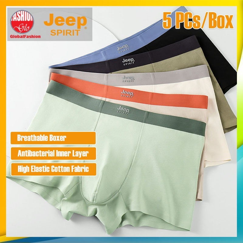 JEEP SPIRIT Men Boxer Brief Seluar Dalam Lelaki Antibacterial 60S Combed Cotton Underwear 男士平角内裤 | 5Pcs