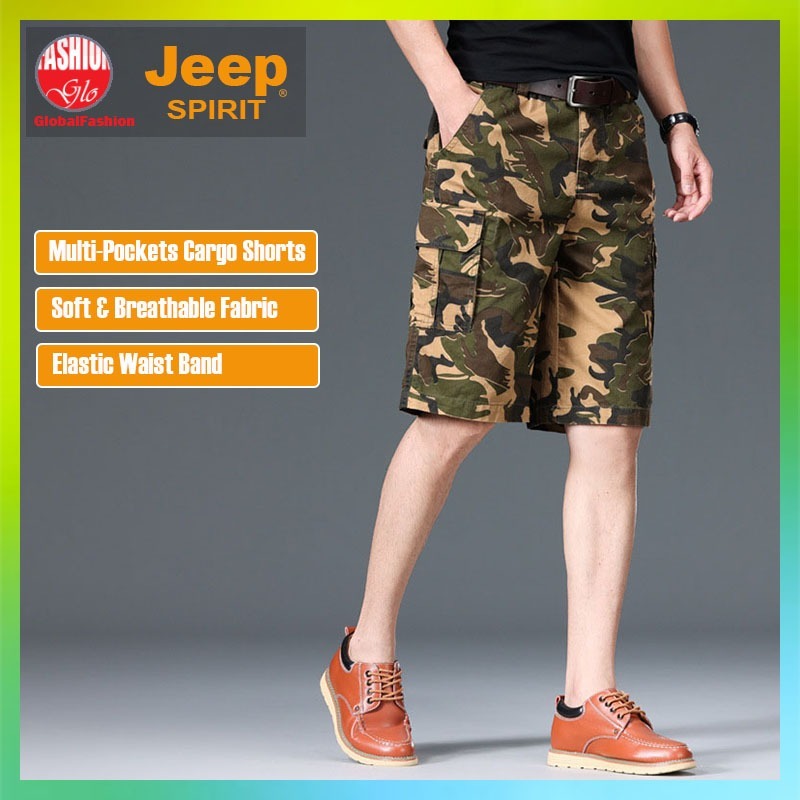 JEEP SPIRIT Men Short Cargo Pants Seluar Pendek Lelaki Kargo Camouflage Cotton Knee Length 直筒工裝短褲男