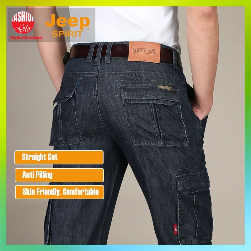 JEEP SPIRIT Men Long Jeans Seluar Jeans Lelaki Panjang Straight Cut Cargo Washed Denim Pants 男士工装牛仔裤