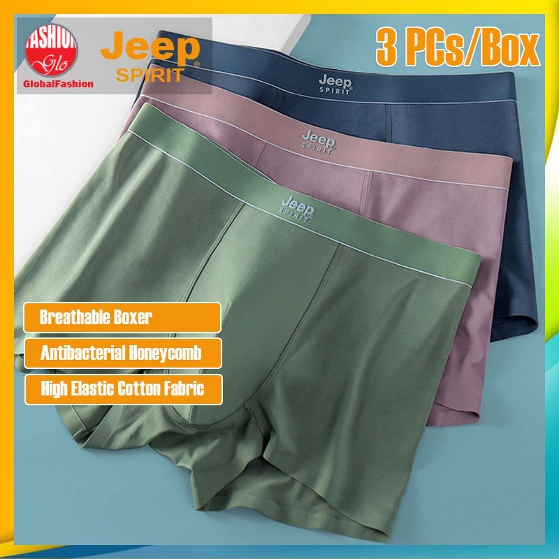 JEEP SPIRIT Men Boxer Brief Seluar Dalam Lelaki Antibacterial Premium Cotton Underwear 男士平角内裤 | 3Pcs