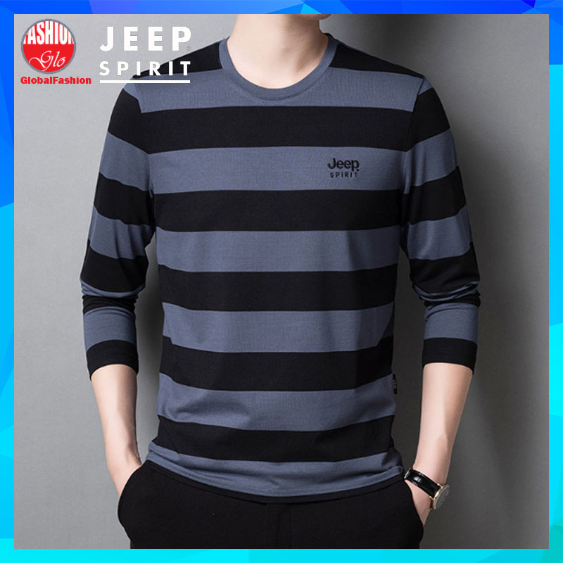 JEEP SPIRIT Long Sleeve T Shirt Men Baju Belang Lelaki Lengan Panjang Round Neck Stripe TShirt for Summer M L XL 2XL 3XL