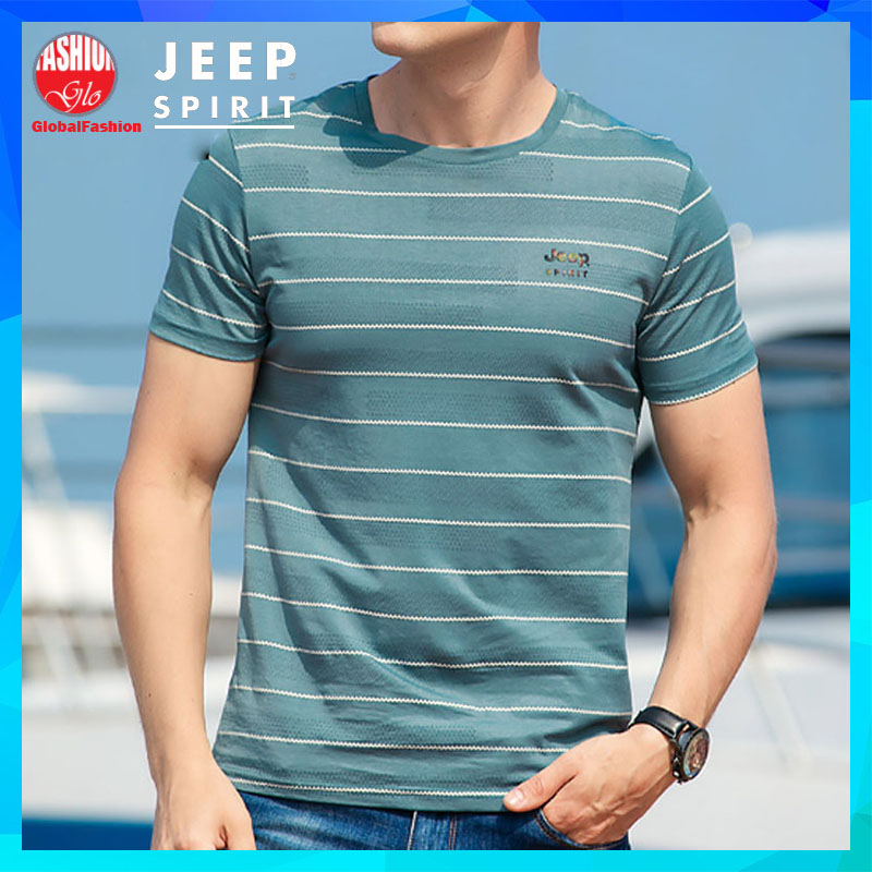 JEEP SPIRIT Summer TShirt Men Baju Belang Lelaki Short Sleeve T Shirt Round Neck Stripe in Black Blue Green M L 3XL 4XL